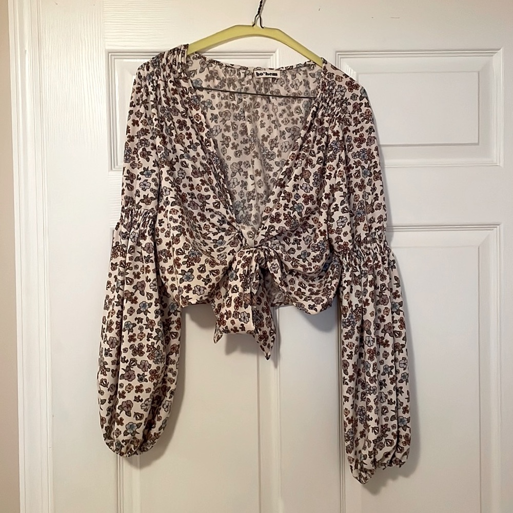Light blue and lilac floral front tie blouse